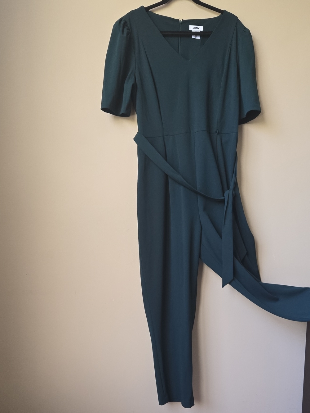 DKNY Deep Green V-Neck Jumpsuit with Tie Waist